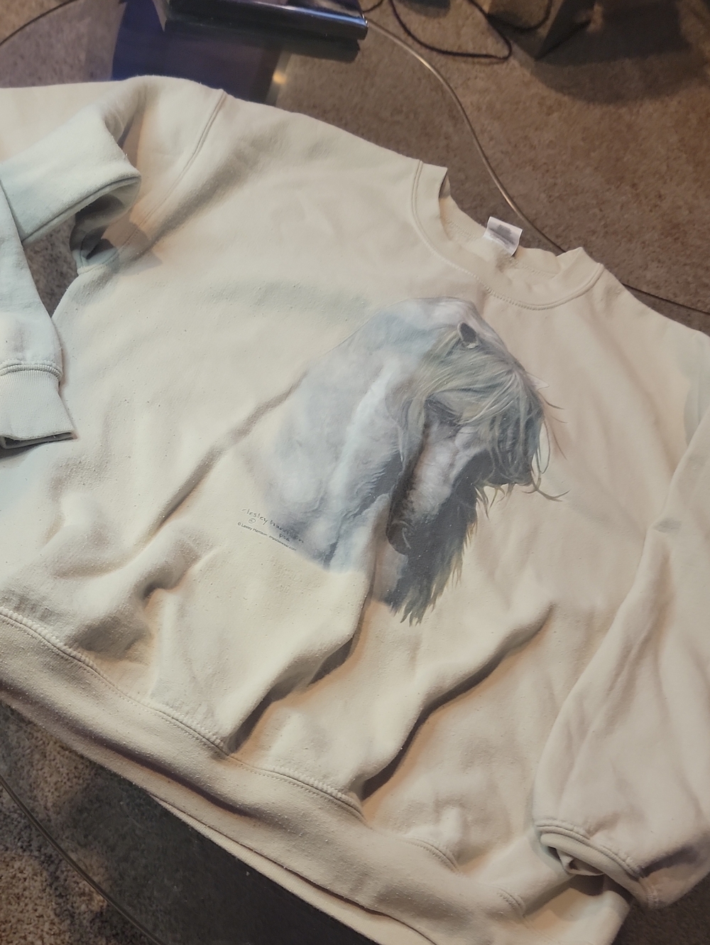 Gildan Cream Crewneck Sweater with Horse Graphic